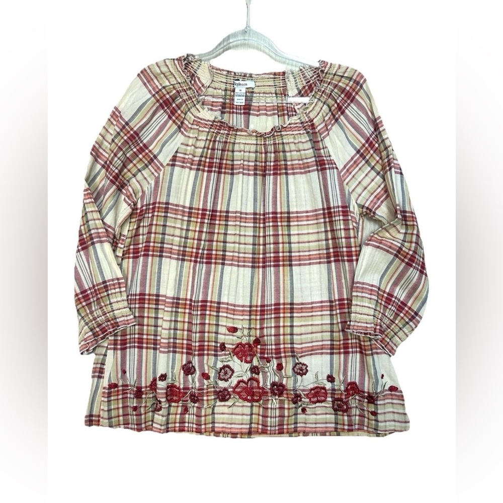 Vtg Style & Co Top Embroidered Peasant Plaid Shirt Women Sz 14 100% Cotton Boho